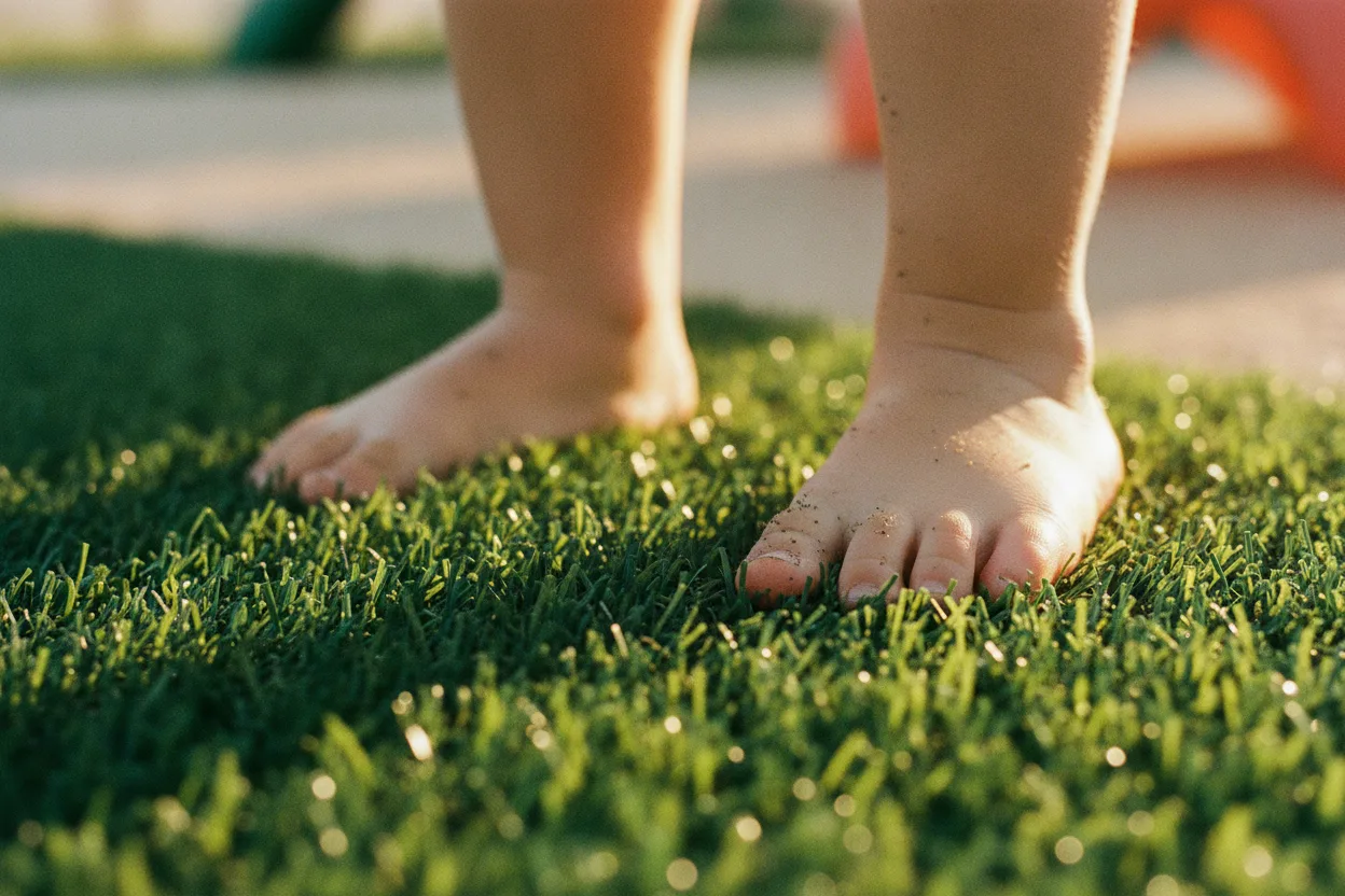 Child standing barefoot on soft, clean artificial turf in warm sunlight