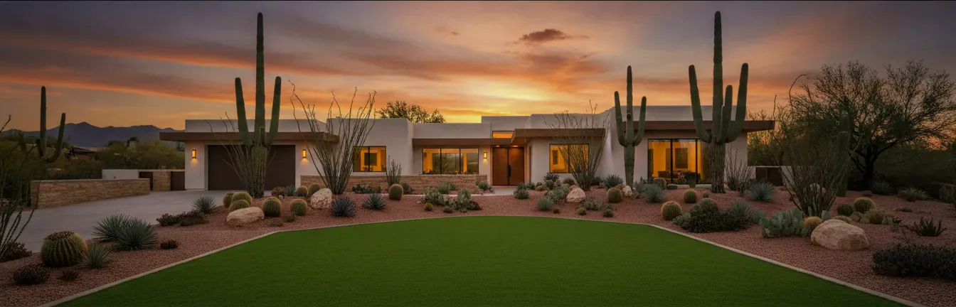 Desert-modern Arizona home with a freshly cleaned green artificial turf lawn at sunset