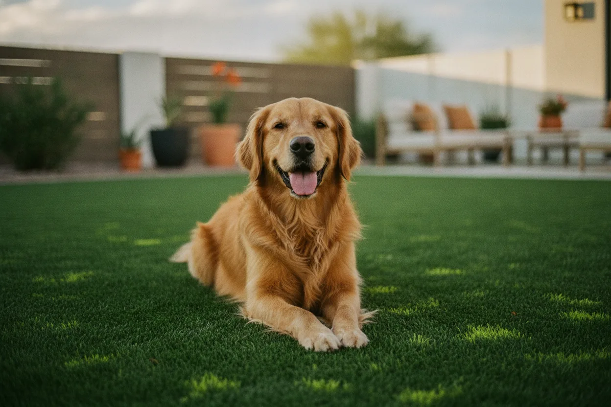 Golden retriever relaxing on a spotless artificial turf lawn in a sunny backyard