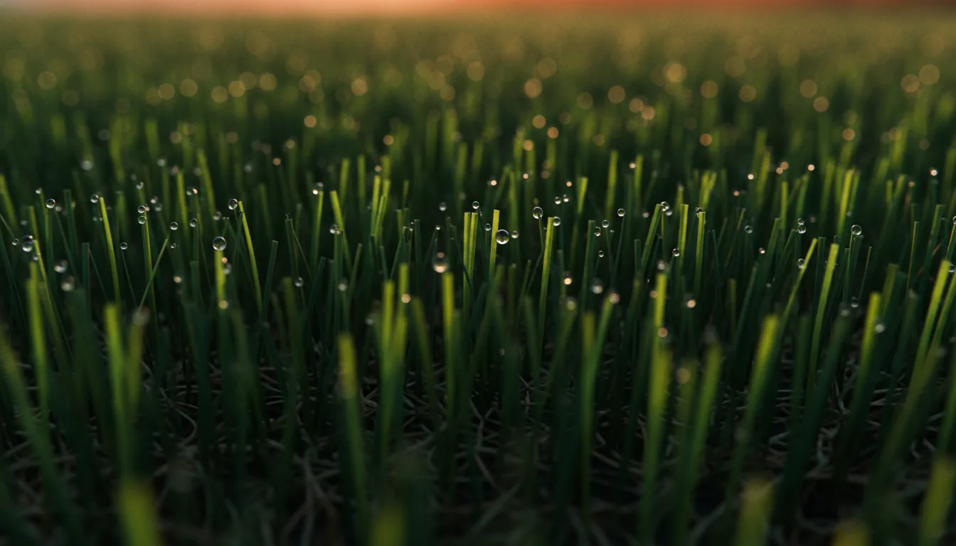 Macro close-up of freshly restored artificial turf blades with dew catching the light